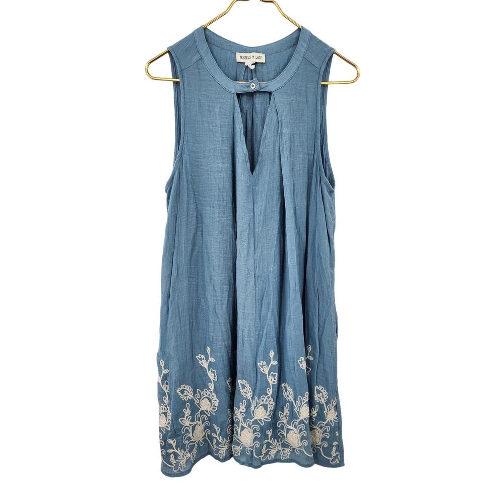 Tassels N Lace Blue Embroidered Sleeveless Shift Dress Large Blue White